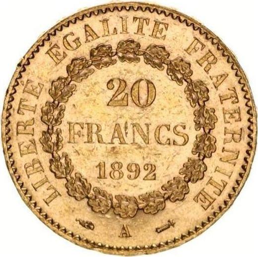 Reverso 20 francos 1892 A "Tipo 1871-1898" - valor de la moneda de oro - Francia, Tercera República