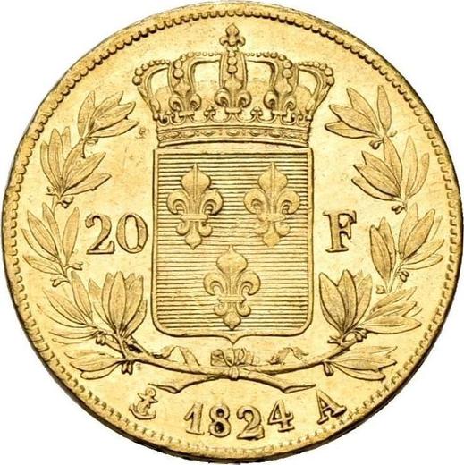 Reverso 20 francos 1824 A "Tipo 1816-1824" - valor de la moneda de oro - Francia, Luis XVII