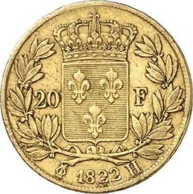 Reverse 20 Francs 1822 H "Type 1816-1824" - Gold Coin Value - France, Louis XVIII