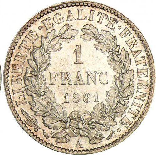 Reverso 1 franco 1881 A "Tipo 1871-1895" - valor de la moneda de plata - Francia, Tercera República
