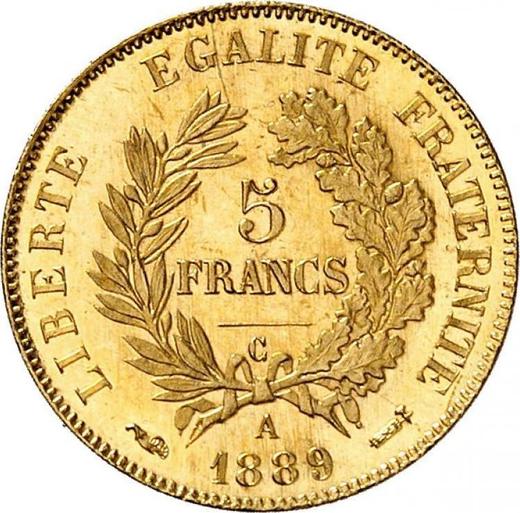 Reverso 5 francos 1889 A "Tipo 1878-1889" - valor de la moneda de oro - Francia, Tercera República