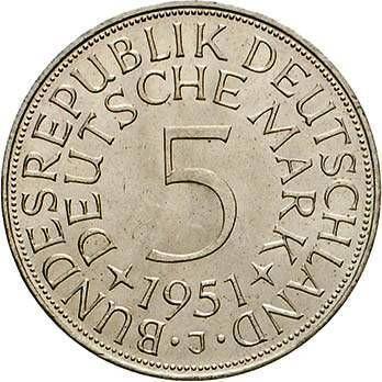 Obverse 5 Mark 1951 J - Silver Coin Value - Germany, FRG