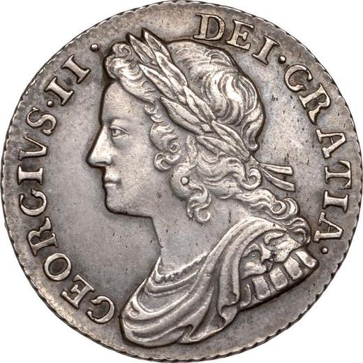 Аверс монеты - 1 шиллинг 1737 года "Портрет в молодом возрасте" - цена серебряной монеты - Великобритания, Георг II