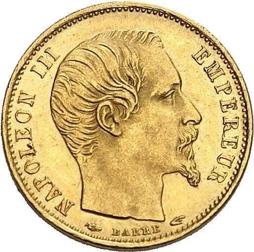Anverso 5 francos 1854 A "Diametro pequeño" Canto liso - valor de la moneda de oro - Francia, Napoleón III Bonaparte