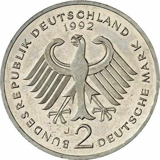 Reverse 2 Mark 1992 J "Kurt Schumacher" -  Coin Value - Germany, FRG