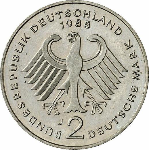 Reverse 2 Mark 1988 J "Ludwig Erhard" -  Coin Value - Germany, FRG