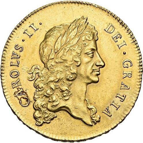 Obverse Five guineas 1675 "First laureated bust" - Gold Coin Value - United Kingdom, Charles II