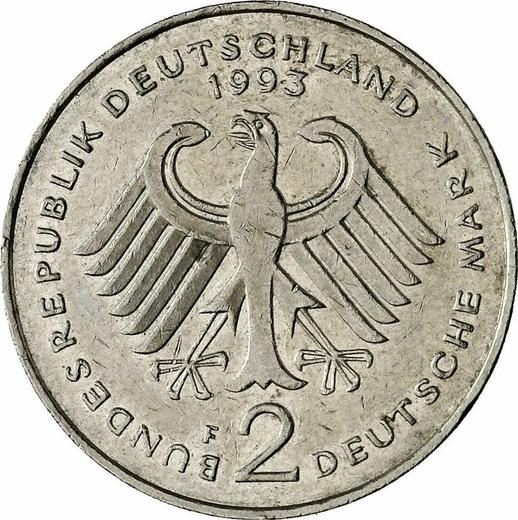 Reverse 2 Mark 1993 F "Ludwig Erhard" -  Coin Value - Germany, FRG