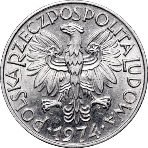 Anverso 5 eslotis 1974 MW WJ JG "Pescador" En la hierba - valor de la moneda  - Polonia, República Popular