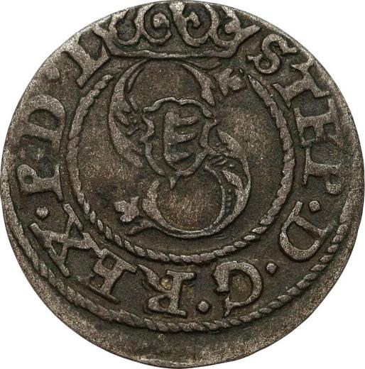 Anverso Szeląg 1586 "Riga" Escudo de armas corvado - valor de la moneda de plata - Polonia, Esteban I Báthory