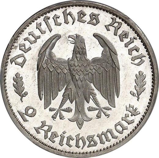 Reverso 2 Reichsmarks 1934 F "Federico Schiller" - valor de la moneda de plata - Alemania, Alemania nazi