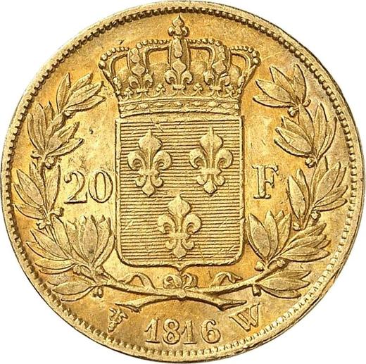 Reverso 20 francos 1816 W "Tipo 1816-1824" - valor de la moneda de oro - Francia, Luis XVII