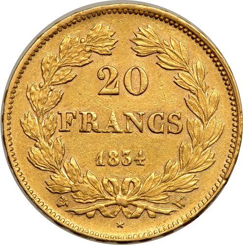 Reverse 20 Francs 1834 W "Type 1832-1848" - Gold Coin Value - France, Louis Philippe I