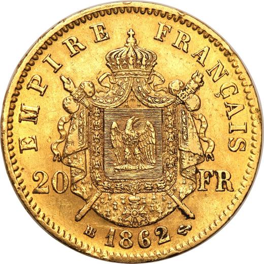 Reverso 20 francos 1862 BB "Tipo 1861-1870" - valor de la moneda de oro - Francia, Napoleón III Bonaparte