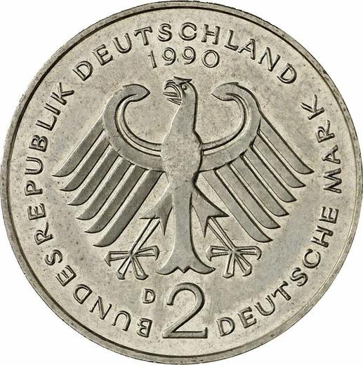 Reverse 2 Mark 1990 D "Kurt Schumacher" -  Coin Value - Germany, FRG