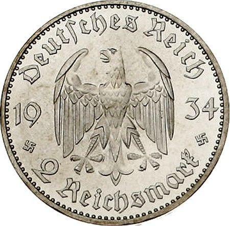 Reverso 2 Reichsmarks 1934 J "Iglesia de guarnición (con fecha)" - valor de la moneda de plata - Alemania, Alemania nazi