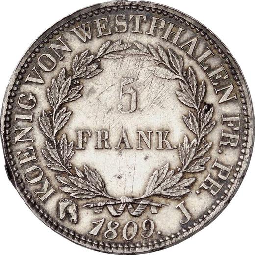 Reverso 5 francos 1809 J - valor de la moneda de plata - Westfalia, Jerónimo Napoleón