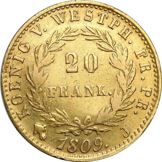 Rewers monety - 20 franków 1809 J - cena złotej monety - Westfalia, Hieronim Napoleon