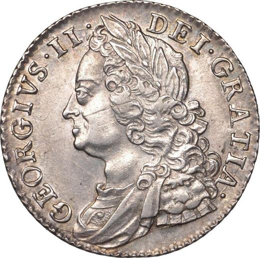 Аверс монеты - 1 шиллинг 1747 года "Портрет в старости" - цена серебряной монеты - Великобритания, Георг II