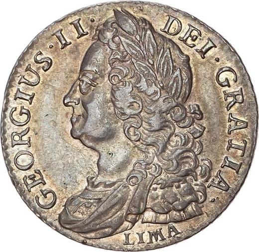 Аверс монеты - 1 шиллинг 1745 года LIMA "Портрет в старости" - цена серебряной монеты - Великобритания, Георг II