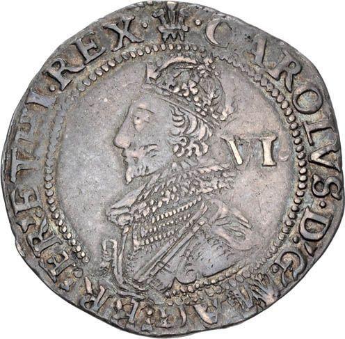 Avers 6 Pence Ohne jahr (1625-1642) "Dritter Porträttyp" "CR" über dem Schild - Silbermünze Wert - Großbritannien, Karl I