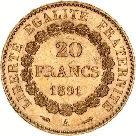 Reverso 20 francos 1891 A "Tipo 1871-1898" - valor de la moneda de oro - Francia, Tercera República