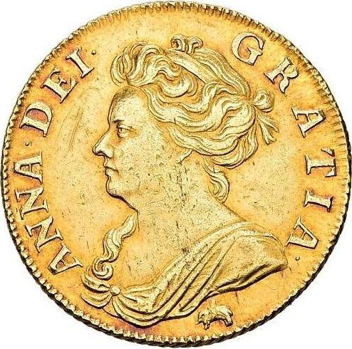 Аверс монеты - 1 гинея 1707 года "Первый тип портрета" После объединения Слон и замок - цена золотой монеты - Великобритания, Анна