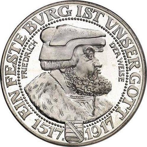 Obverse 3 Mark 1917 E "Saxony" Frederick the Wise - Silver Coin Value - Germany, German Empire