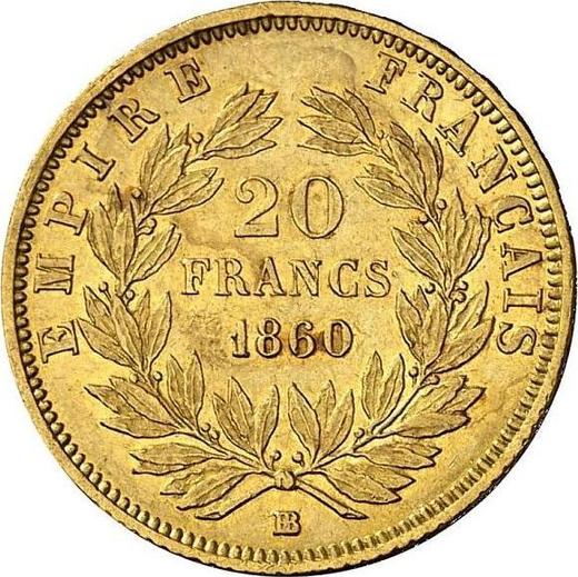 Reverso 20 francos 1860 BB "Tipo 1853-1860" - valor de la moneda de oro - Francia, Napoleón III Bonaparte