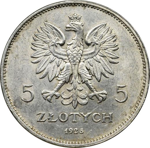Avers 5 Zlotych 1928 "Nike" Ohne Minzzeichen - Silbermünze Wert - Polen, II Republik Polen