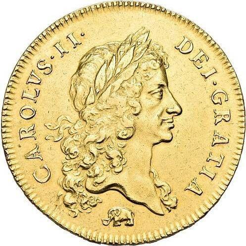 Obverse Five guineas 1668 "First laureated bust" Elephant - Gold Coin Value - United Kingdom, Charles II