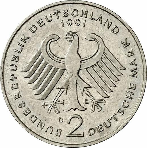 Reverse 2 Mark 1991 D "Kurt Schumacher" - Coin Value - Germany, FRG