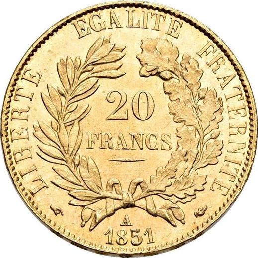 Reverso 20 francos 1851 A "Tipo 1849-1851" - valor de la moneda de oro - Francia, Segunda República