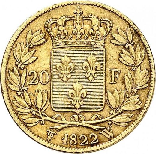 Reverse 20 Francs 1822 W "Type 1816-1824" - Gold Coin Value - France, Louis XVIII