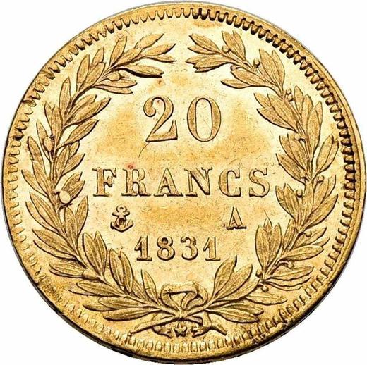 Reverse 20 Francs 1831 A "Impressed edge" - Gold Coin Value - France, Louis Philippe I