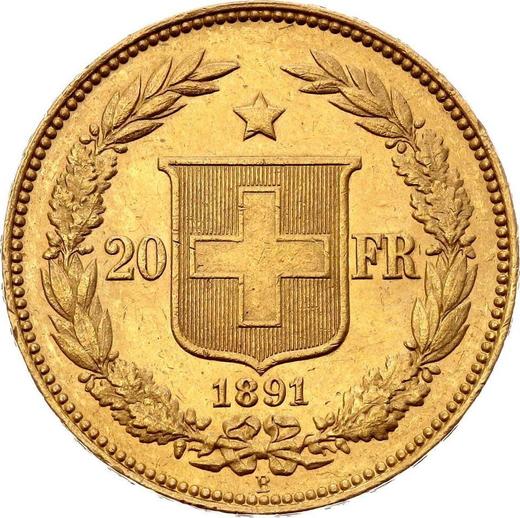 Реверс монеты - 20 франков 1891 года B - цена золотой монеты - Швейцария, Конфедерация