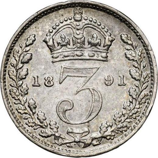 Reverso 3 peniques 1891 "Retrato jubilar" - valor de la moneda de plata - Gran Bretaña, Victoria