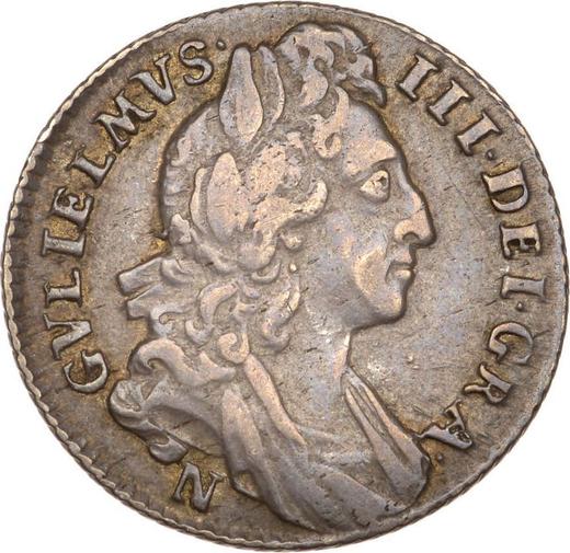 Obverse Sixpence 1696 N "First laureated bust" Early harp - Silver Coin Value - United Kingdom, William III