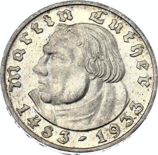 Аверс монеты - 2 рейхсмарки 1933 года D "Мартин Лютер" - цена серебряной монеты - Германия, Третий рейх