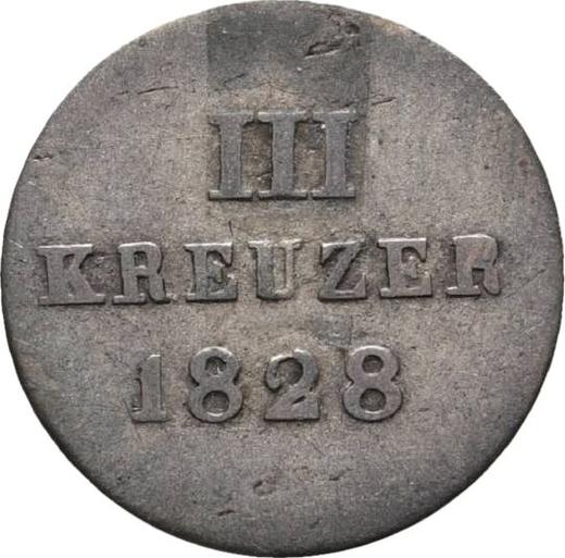 Реверс монеты - 3 крейцера 1828 года - цена серебряной монеты - Нассау, Вильгельм