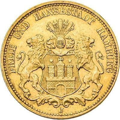 Аверс монеты - 20 марок 1876 года J "Гамбург" - цена золотой монеты - Германия, Германская Империя