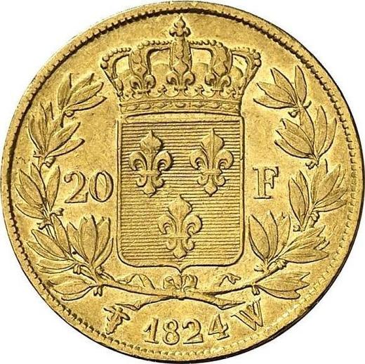 Reverse 20 Francs 1824 W "Type 1816-1824" - Gold Coin Value - France, Louis XVIII