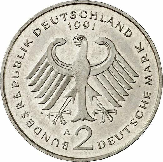 Revers 2 Mark 1991 A "Franz Josef Strauß" - Münze Wert - Deutschland, BRD