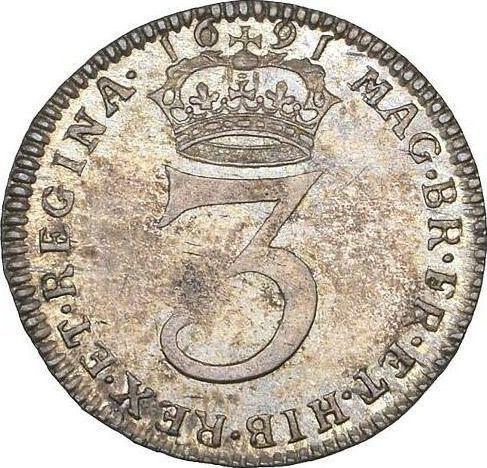 Reverso 3 peniques 1691 "Segundos bustos" - valor de la moneda de plata - Gran Bretaña, Guillermo III y María II
