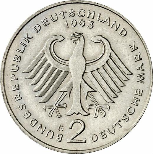 Reverse 2 Mark 1992 G "Franz Josef Strauss" -  Coin Value - Germany, FRG