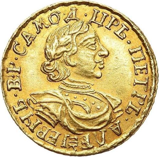 Аверс монеты - 2 рубля 1718 года L "Портрет в латах" "САМОД." / "М. НОВА." Дата слитно - цена золотой монеты - Россия, Петр I