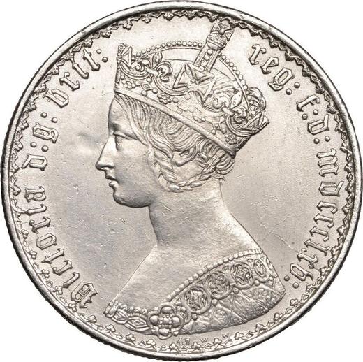 Аверс монеты - Флорин (2 шиллинга) 1865 года WW "Готическая" - цена серебряной монеты - Великобритания, Виктория