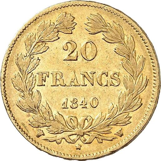Revers 20 Franken 1840 W "Typ 1832-1848" - Goldmünze Wert - Frankreich, Louis-Philippe I