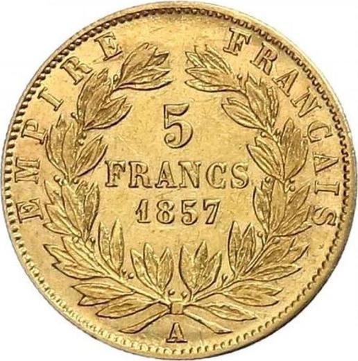 Reverso 5 francos 1857 A "Tipo 1855-1860" - valor de la moneda de oro - Francia, Napoleón III Bonaparte