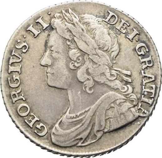 Аверс монеты - 1 шиллинг 1739 года "Портрет в молодом возрасте" - цена серебряной монеты - Великобритания, Георг II